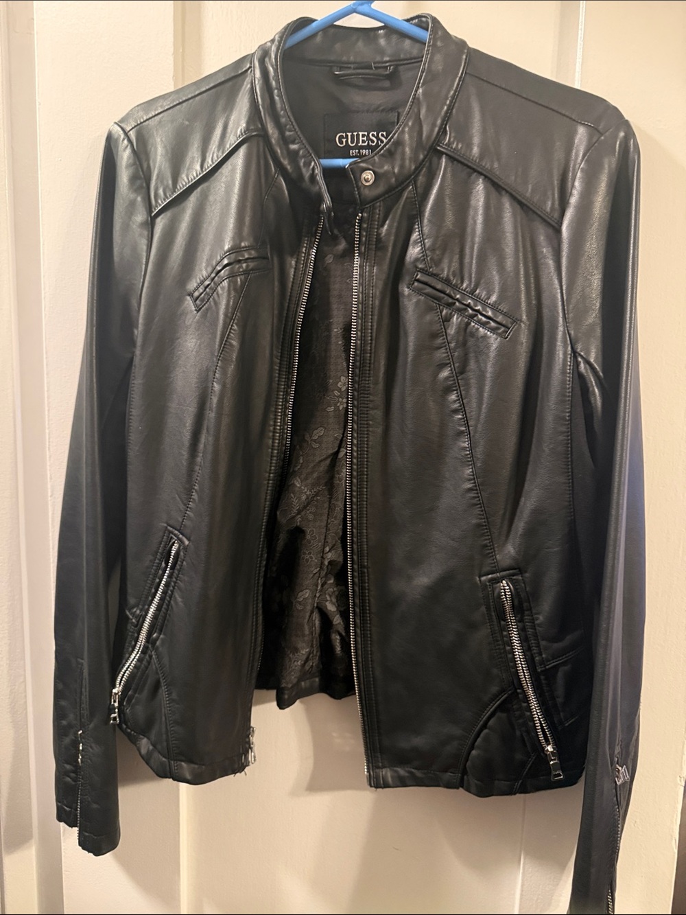 GUESS Black Faux Leather Moto Jacket with Stand Collar